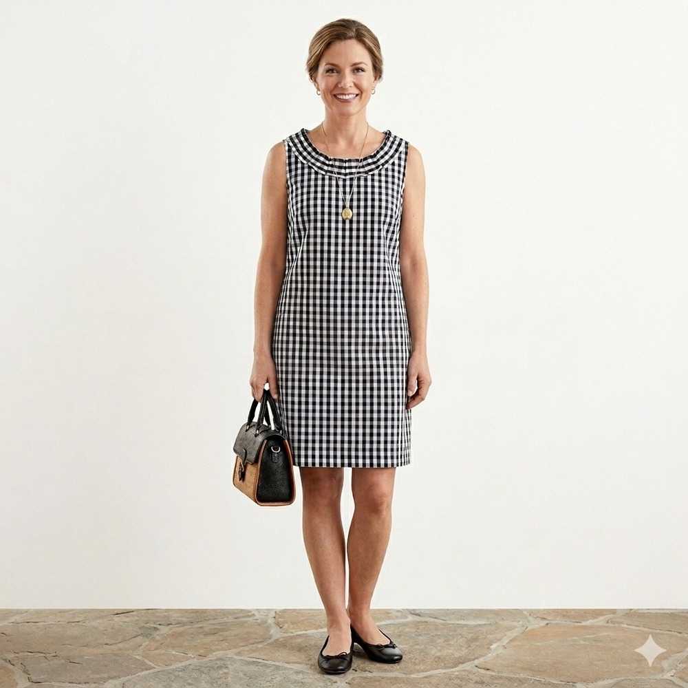 Talbots Gingham Shift Dress Womens 10P‎ Navy White Ruffle Neck Sleeveless Preppy